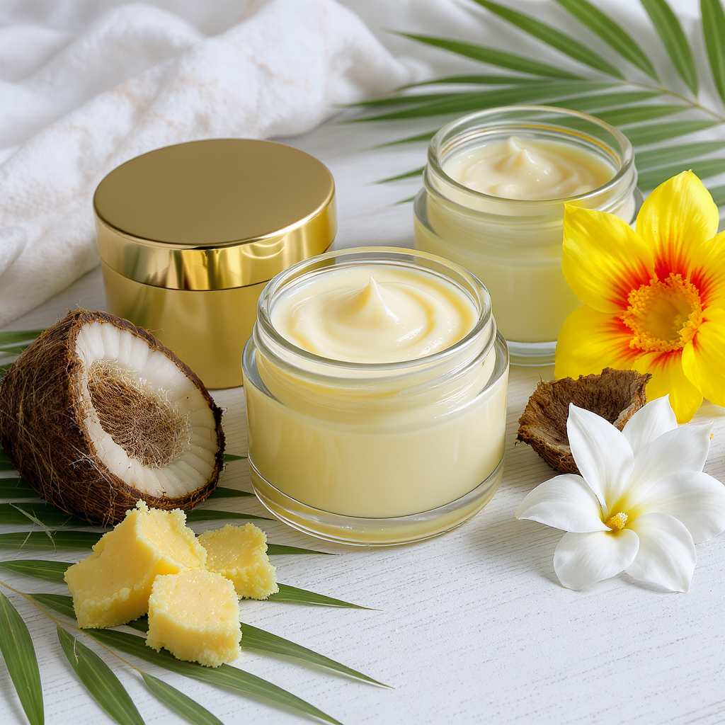 Rich body butter cream in elegant glass jars with gold lids, surrounded by shea butter, coconut oil, and fresh tropical flowers on a clean white wooden background